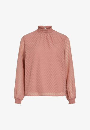 Blusa rosa a maniche lunghe con collo alto arricciato, caratterizzata da un motivo a chevron e polsini arricciati. Realizzata in tessuto leggero e strutturato.