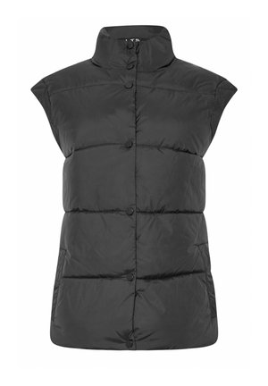 Zwarte mouwloze puffer vest met een hoge kraag, voorzien van horizontale stiksels, vijf zwarte knopen en een gladde, glanzende textuur.