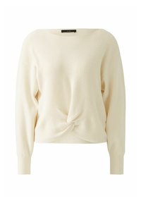 Cremfarbener, gerippter Pullover mit weitem U-Boot-Ausschnitt und langen Ärmeln. Besitzt ein geknotetes Detail an der Vorderseite für zusätzliche Textur.