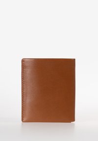 Brown leather wallet with a smooth texture, rectangular shape, and streamlined design. Features fine stitching along the edges.