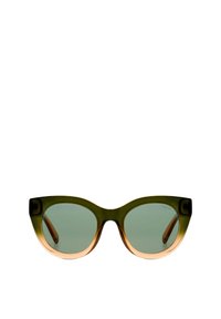Kattögon-solglasögon med en tvåfärgad design. Mörkgrön ram övergår till ljus persika i nedre delen. Har gradientlinser.