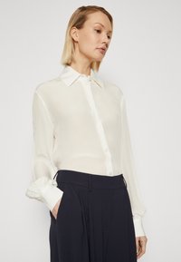 Blusa bianca trasparente con colletto classico, chiusura a bottoni e maniche lunghe con polsini arricciati, abbinata a pantaloni neri a vita alta.
