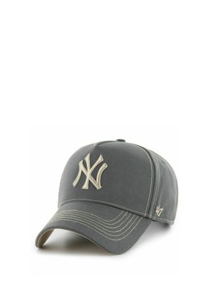 Gray baseball cap featuring the white New York Yankees logo on the front and white stitched details along the seams and visor.