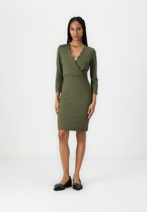 3/4 SLEEVES MINI SCALLOPED EDGE DRESS - Jerseykjole - khaki