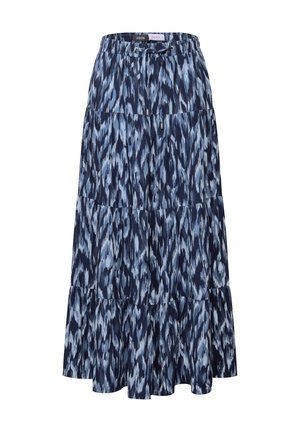 Jupe maxi à étages dans des tons de bleu, dotée d'une taille à cordon de serrage et d'une coupe fluide avec un motif abstrait subtil. Texture de tissu douce.