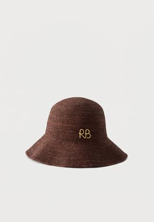 Brown woven bucket hat with a wide brim and small gold "RB" logo embroidered on the front center.