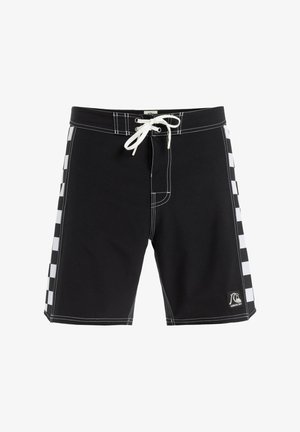 Melni peldēšanas šorti ar baltu akcentu šuvēm un dūmu rakstu sānos. Iekļautas aukliņas vidukļa regulēšanai un logo uzlīme.