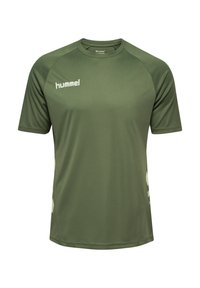 Olive green short-sleeve sports t-shirt made of smooth fabric, featuring a round neckline, logo on the chest, and angular white side accents.