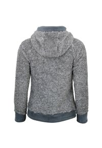 Felpa con cappuccio grigia in pile con superficie testurizzata, cappuccio e polsini lisci a contrasto. Il design presenta una vestibilità rilassata e un motivo di colore uniforme.