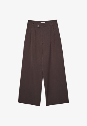 Wide-leg brown pinstripe trousers with a buttoned waistband and belt loops, displayed flat on a white background.
