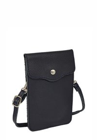 Sac bandoulière en cuir bleu marine avec fermeture à rabat, bouton-pression argenté, sangle ajustable et finition texturée. Forme rectangulaire compacte.