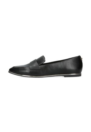 Black leather loafer with a rounded toe and a decorative strap on the front, featuring a subtle metallic trim along the sole.