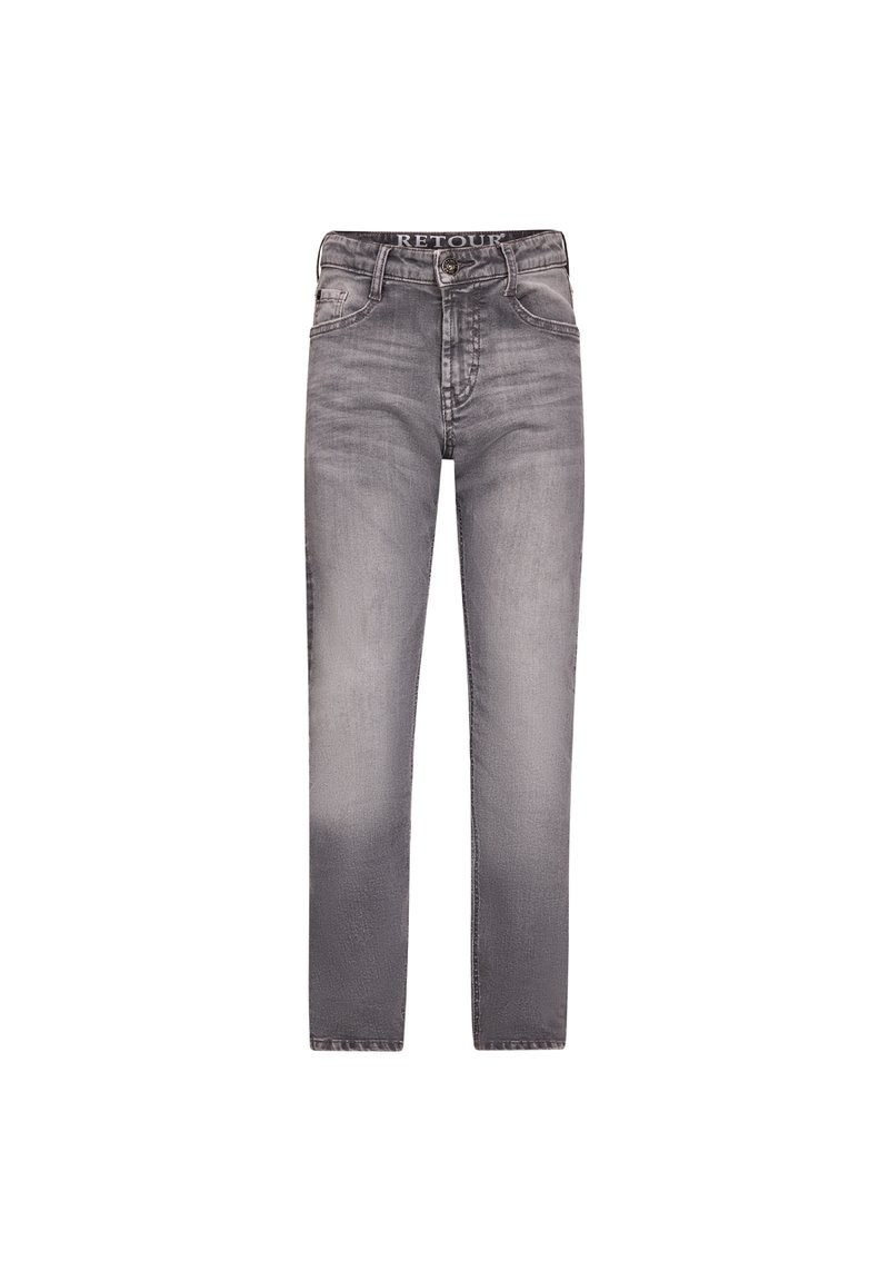 Jeans in denim grigio con una finitura sbiadita, con zip e cinque tasche. Presentano gambe dritte e una vita con logo.
