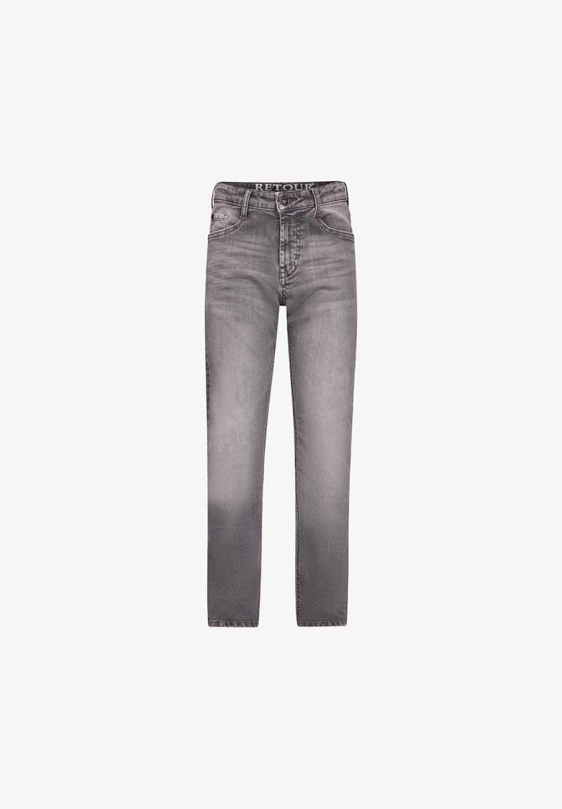 Jeans in denim grigio con una finitura sbiadita, con zip e cinque tasche. Presentano gambe dritte e una vita con logo.