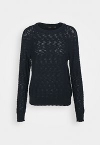 Tmavě modrý pletený svetr s lehkým texturovaným vzorem, kulatým výstřihem a dlouhými rukávy. Má žebrované manžety a lem.