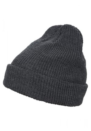 Gray knit beanie hat with ribbed texture, featuring a rolled cuff at the bottom and a soft finish. Suitable for cold weather.