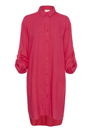 Fuchsia linen shirt dress with a button front, collared neckline, and rolled-up sleeves. Smooth texture; knee-length design.