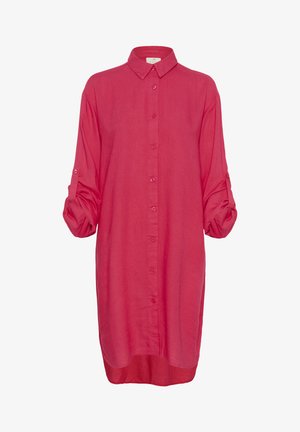 Fuchsiová ľanová šaty s gombíkovým zapínaním, golierom a vyhrnutými rukávmi. Hladká textúra; dĺžka po kolená.