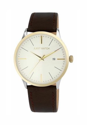 Braunes Lederarmband-Uhr mit einem Silber- und Goldgehäuse, cremefarbenem Zifferblatt, goldenen Akzenten und schwarzen Stundenmarkierungen. Beinhaltet ein Datumsdisplay bei 3 Uhr.