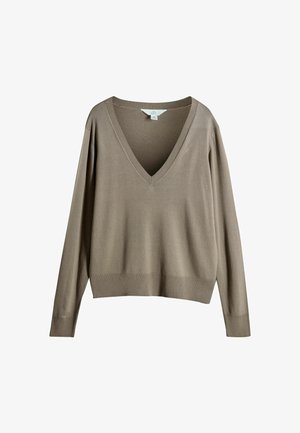 Taupe sweater with a deep V-neck, long sleeves, ribbed cuffs, and hem. Soft texture with a classic, relaxed fit.