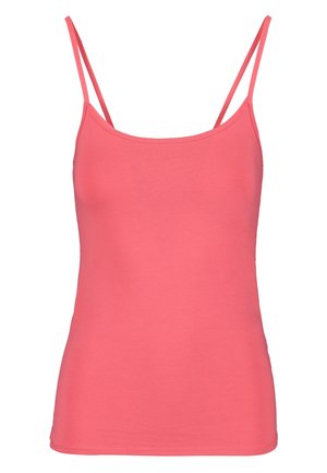Korallowy bezrękawnik na cienkich ramiączkach. Wykonany z miękkiego, elastycznego materiału. Dopasowany krój z gładką fakturą i prostym, jednolitym kolorem.