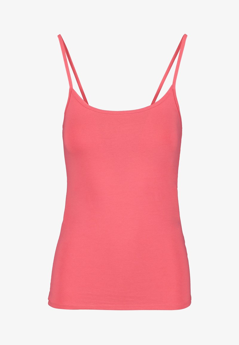 Débardeur sans manches corail avec fines bretelles. Confectionné en tissu doux et extensible. Coupe ajustée avec une texture lisse et une couleur unie simple.