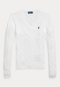 Witte kabeltrui met V-hals, lange mouwen en klein donkerblauw geborduurd Polo Ralph Lauren-logo linksboven.