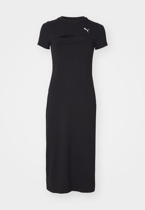 Črna bombažna obleka s kratkimi rokavi in izrezom pod ovratnikom. Ima majhen bel logotip na prsih. Enostaven dizajn.