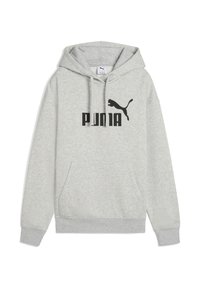 Sivi dukserica s kapuljačom od mješavine pamuka, s prednjim džepom, rebrastim manžetama i velikim crnim otisnutim logotipom "PUMIA" te grafikom pume.