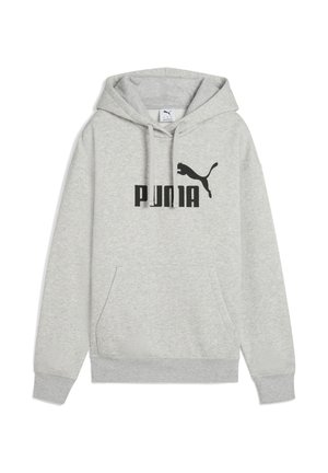 Sivi dukserica s kapuljačom od mješavine pamuka, s prednjim džepom, rebrastim manžetama i velikim crnim otisnutim logotipom "PUMIA" te grafikom pume.