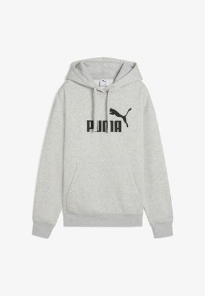 Grå hættetrøje lavet af bomuldsblanding, med en frontlomme, ribbede manchetter og et stort sort trykt logo "PUMIA" samt grafikken af en puma.