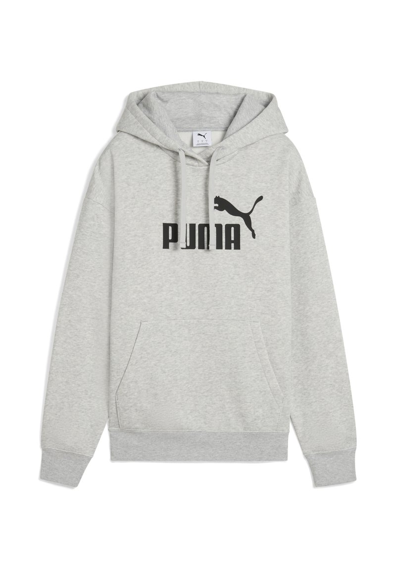 Sivi dukserica s kapuljačom od mješavine pamuka, s prednjim džepom, rebrastim manžetama i velikim crnim otisnutim logotipom "PUMIA" te grafikom pume.