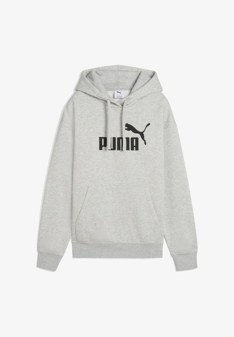 Šedá mikina s kapucňou vyrobená z bavlnenej zmesi, s predným vreckom, rebrovanými manžetami a veľkým čiernym potlačeným logom "PUMIA" a grafikou pumy.