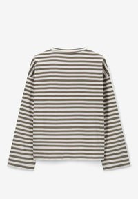 Langarmoberteil mit abwechselnden olivgrünen und weißen Streifen, Rundhalsausschnitt und einem entspannten Schnittdesign mit geradem Saum.