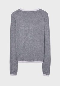 Grauer Pullover mit langen Ärmeln, rundem Ausschnitt und kontrastierendem, hellgrauem Besatz am Kragen und Saum. Weiche Strickstruktur, lässige Passform.