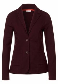 Burgunderröd kavaj i mjukt tyg, med urklippt krage, två framfickor och en enkel knäppning för en skräddarsydd passform.