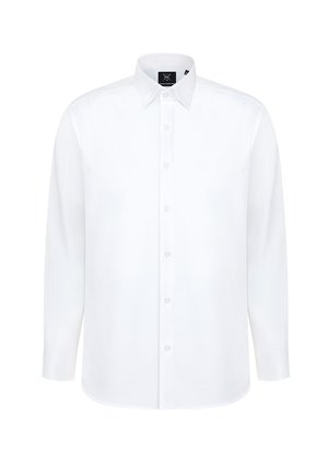 Biała koszula z długim rękawem, z zaznaczoną kołnierzykiem, z zapięciem na guziki z przodu oraz gładką tkaniną z mieszanki bawełny; posiada metkę na dekolcie.