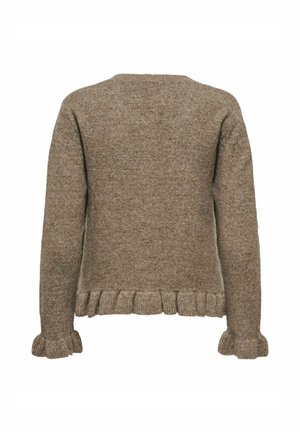 Brun strikket sweater med tekstureret overflade, der har en rund halsudskæring, lange ærmer og en flæset kant nederst samt ved manchetterne.