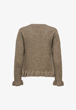 Pull en tricot marron avec une finition texturée, doté d'un col rond, de manches longues et d'un ourlet et de poignets volants.