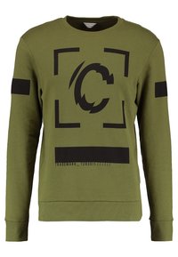 Olivově zelená bavlněná mikina s kulatým výstřihem, s černými grafickými motivy a textem na přední straně. Žebrované manžety a lem.