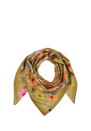 Heller olivgrüner floraler Schal mit großen orangefarbenen, gelben, pinken und violetten Blumen, locker in Spiralform gefaltet.