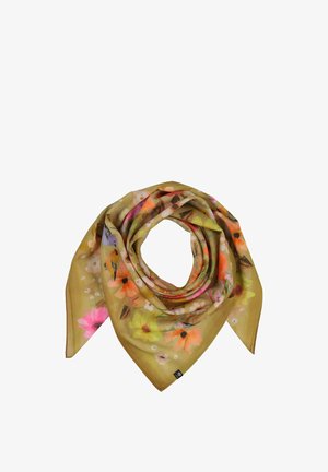 Lys olivengrøn blomsterskål med store orange, gule, pink og lilla blomster, løst foldet i en spiralform.