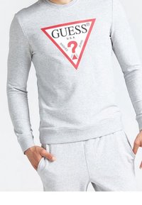 Grå langærmet sweatshirt med ribbede manchetter og kant, prydet med et stort rødt trekantet logo med "GUESS U.S.A." og tekst indeni.
