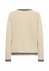 Maglione in maglia beige chiaro con finitura testurizzata, dotato di dettagli a strisce nere sul colletto e sui polsini. Design casual a maniche lunghe.