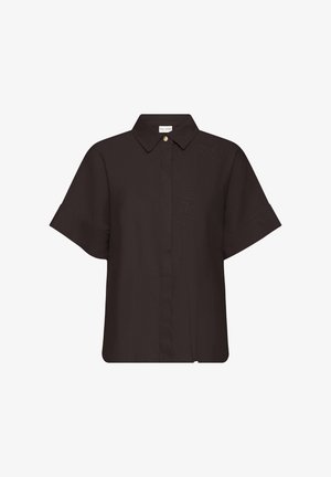 Krátky rukáv tmavohnedá košeľa na gombíky s golierom a jedným náprsným vreckom, zobrazená na bielom pozadí.