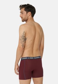 Boxer da uomo color bordeaux con elastico blu navy che presenta il marchio "DANISH". Il materiale sembra morbido, il design è aderente.