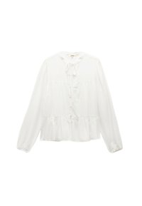 Blouse blanche à manches longues avec des détails froncés, fermeture à boutons et un nœud au cou. Fabriquée en tissu léger et texturé.