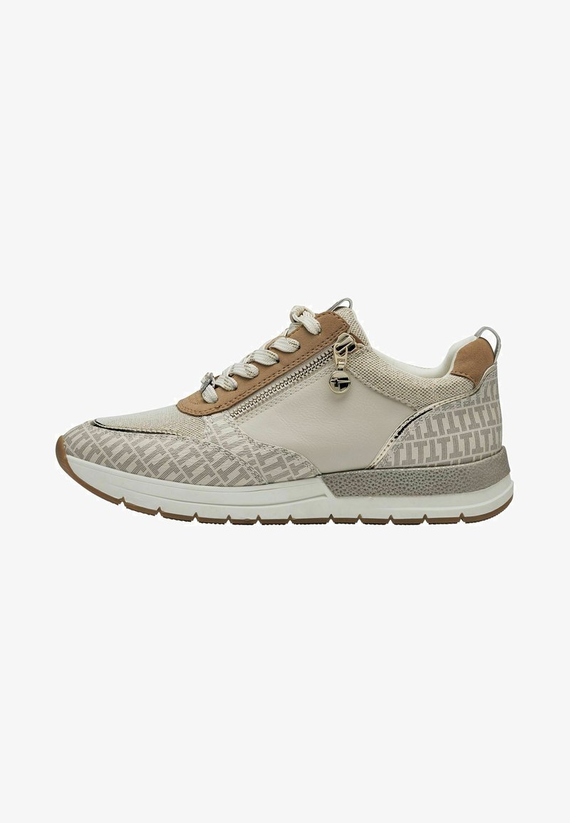 Beige sneakers with patterned mesh, suede accents, and a side zipper. Features a textured sole and intricate design detailing.