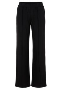 Black wide-leg pants made of soft fabric with a smooth texture, featuring a stitched front crease and elastic waistband.
