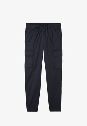 Marine blauwe cargobroek met trekkoord in de taille, twee zijzakken en twee cargozakken op elke pijp. Soepele stof.